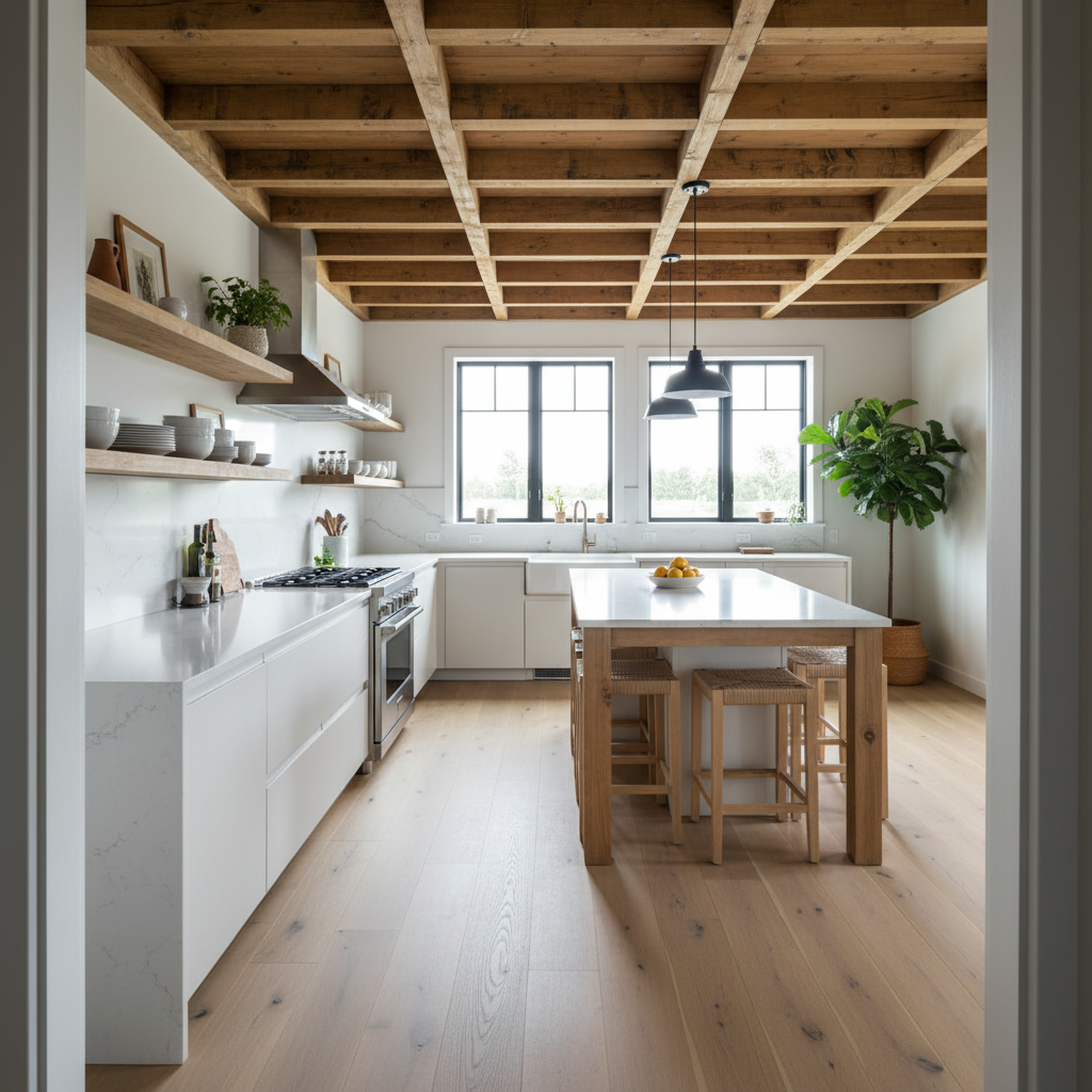 Wide-angle view from doorway into renovated modular home kitchen with exposed beam, quartz countertops, and open shelving showing depth through the space