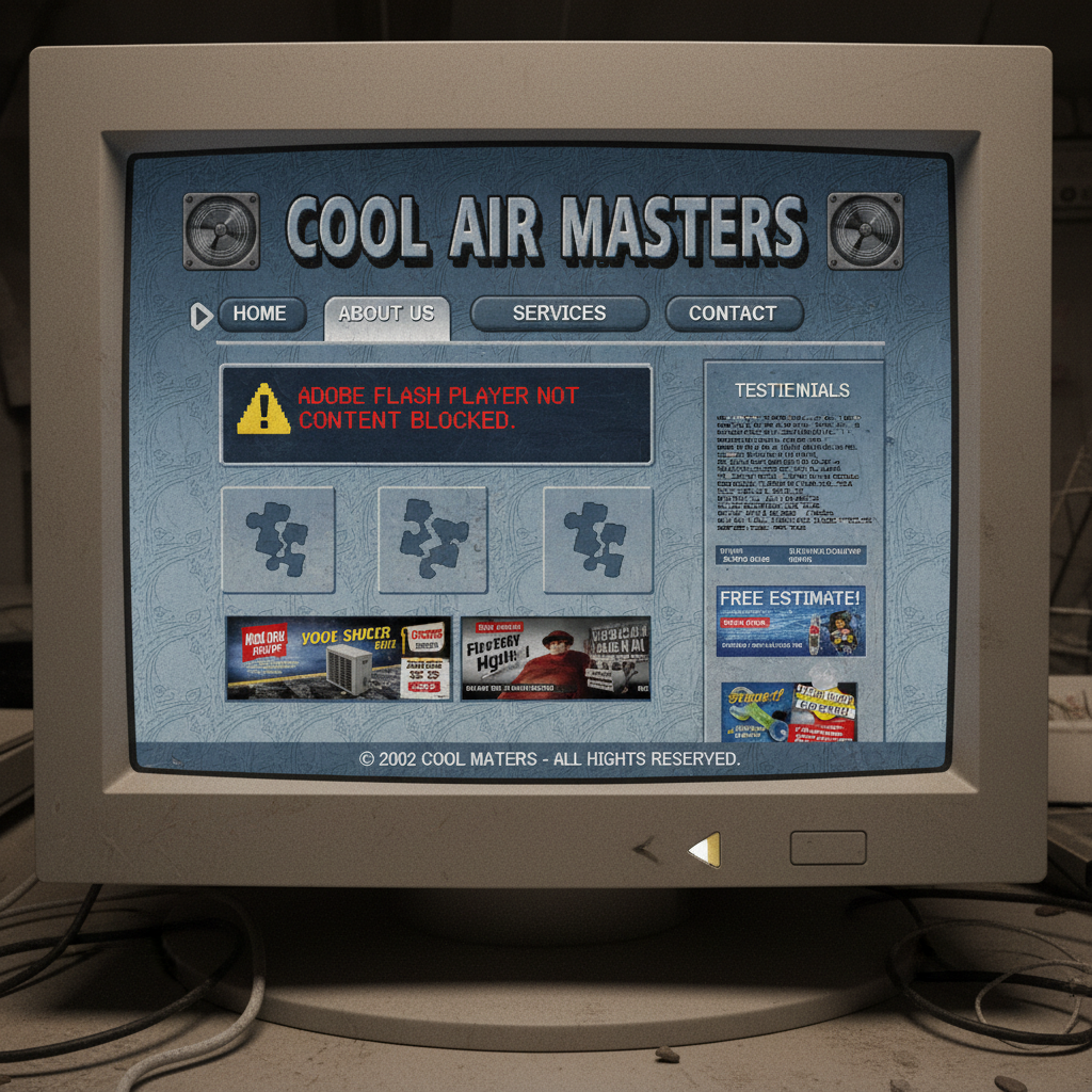 Old HVAC company website with Flash errors and outdated design elements