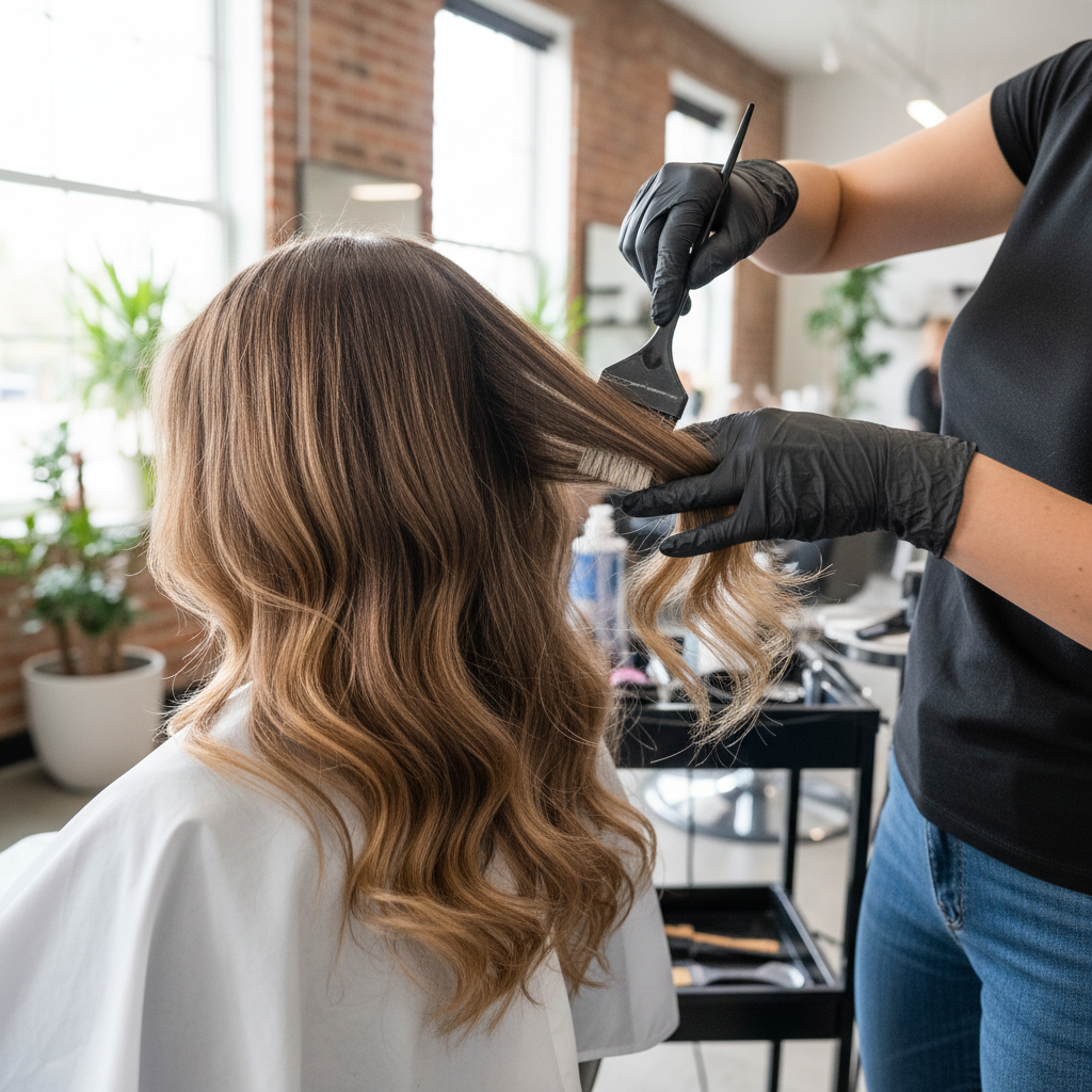 Stylist applying balayage highlights to client hair in modern Austin salon