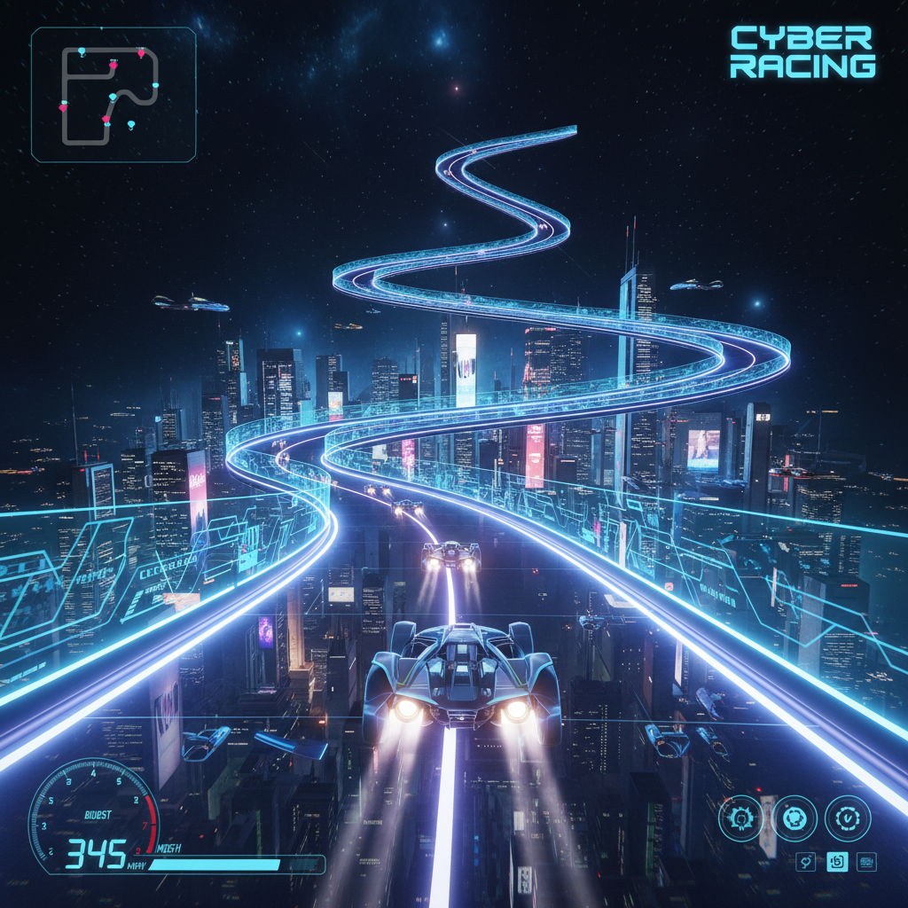 Neon racing game icon with glowing track at night