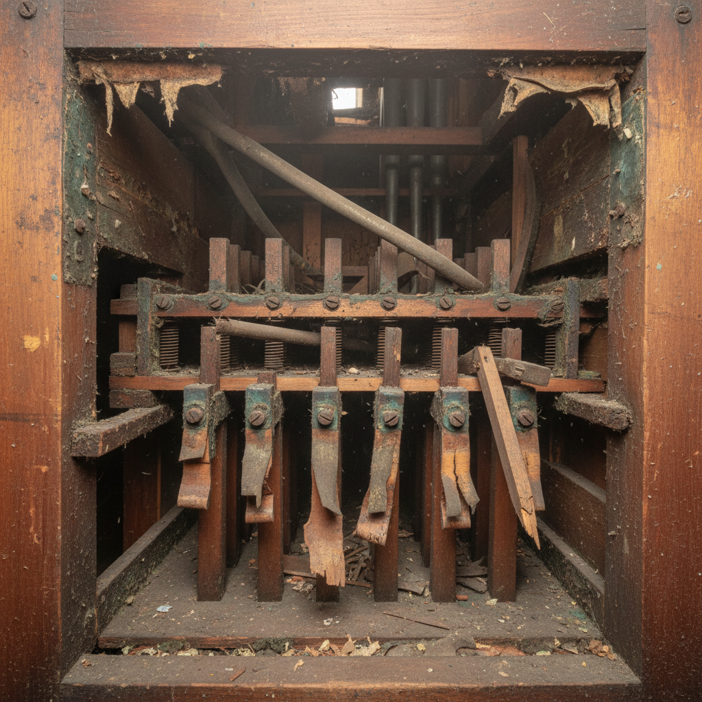 Interior view of deteriorating pipe organ wind chest with visible ciphering and failed pallet mechanisms