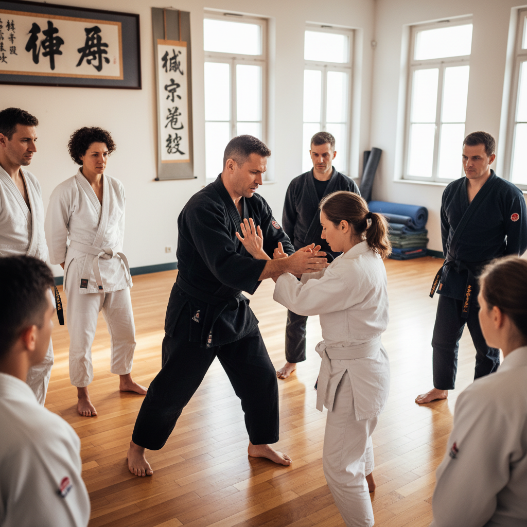 Adult self-defense class with instructor demonstrating wrist escape technique to attentive students in training hall