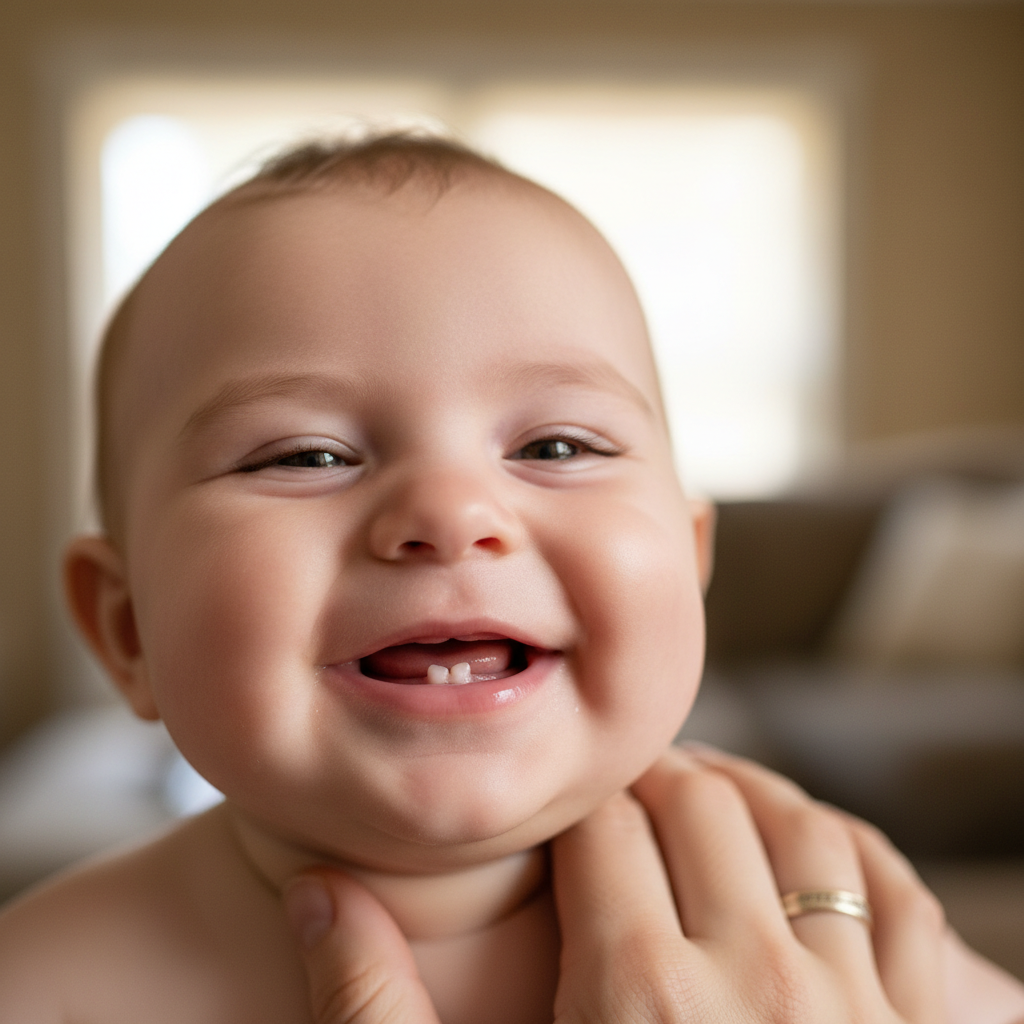 Baby showing first emerging tooth while being held by parent