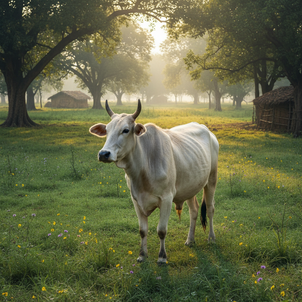 Indigenous Indian desi cow in lush green pasture, Bos indicus, sacred animal, natural farming