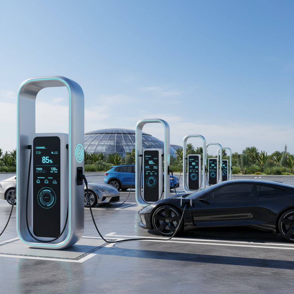 Modern electric bus fleet charging at solar-powered station with green landscape and blue sky