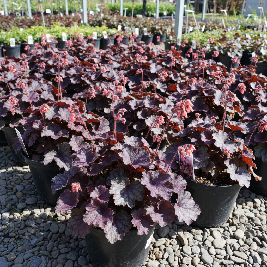Coral bells heuchera with dark purple foliage in nursery containers