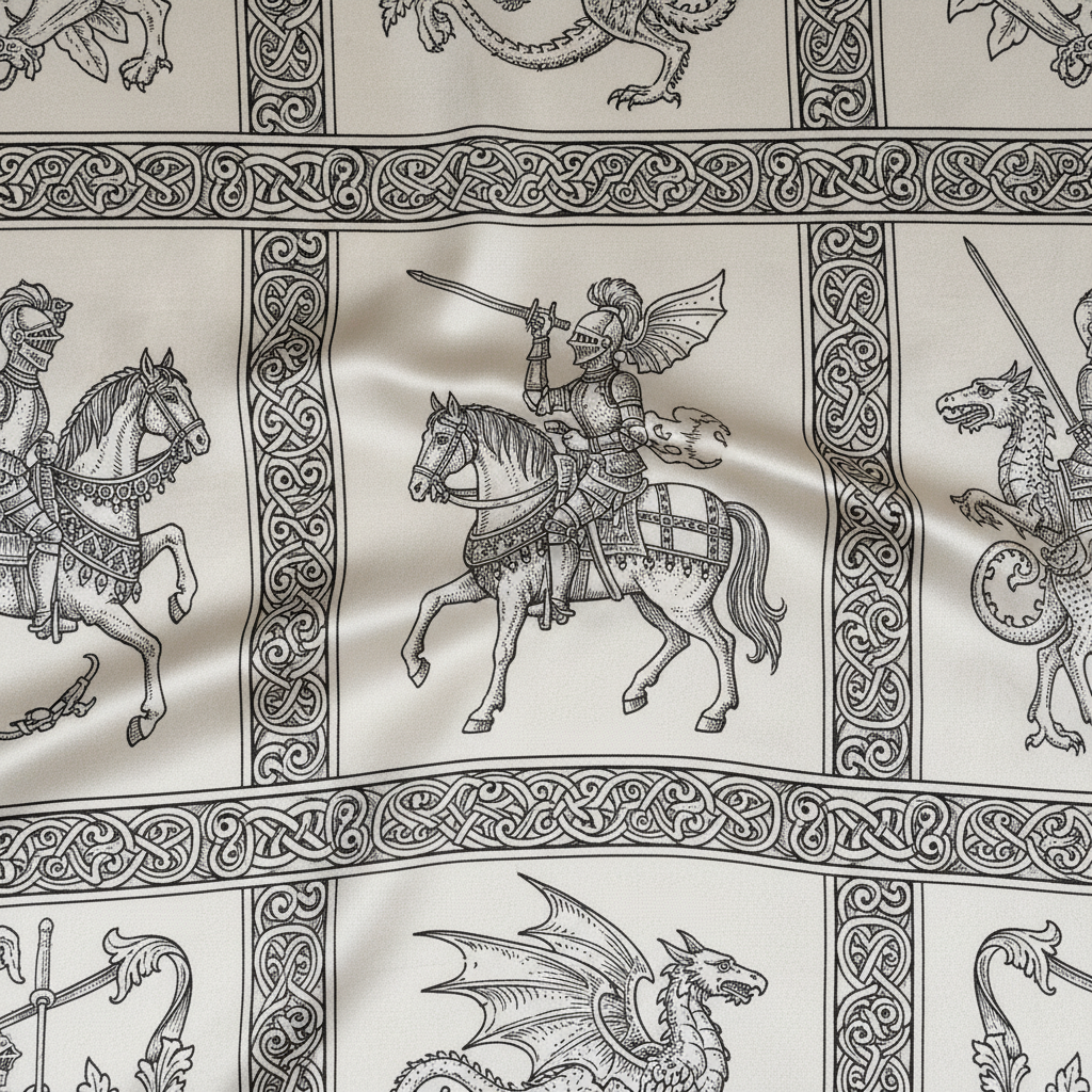 Medieval woodcut manuscript illustration printed on silk bag lining material