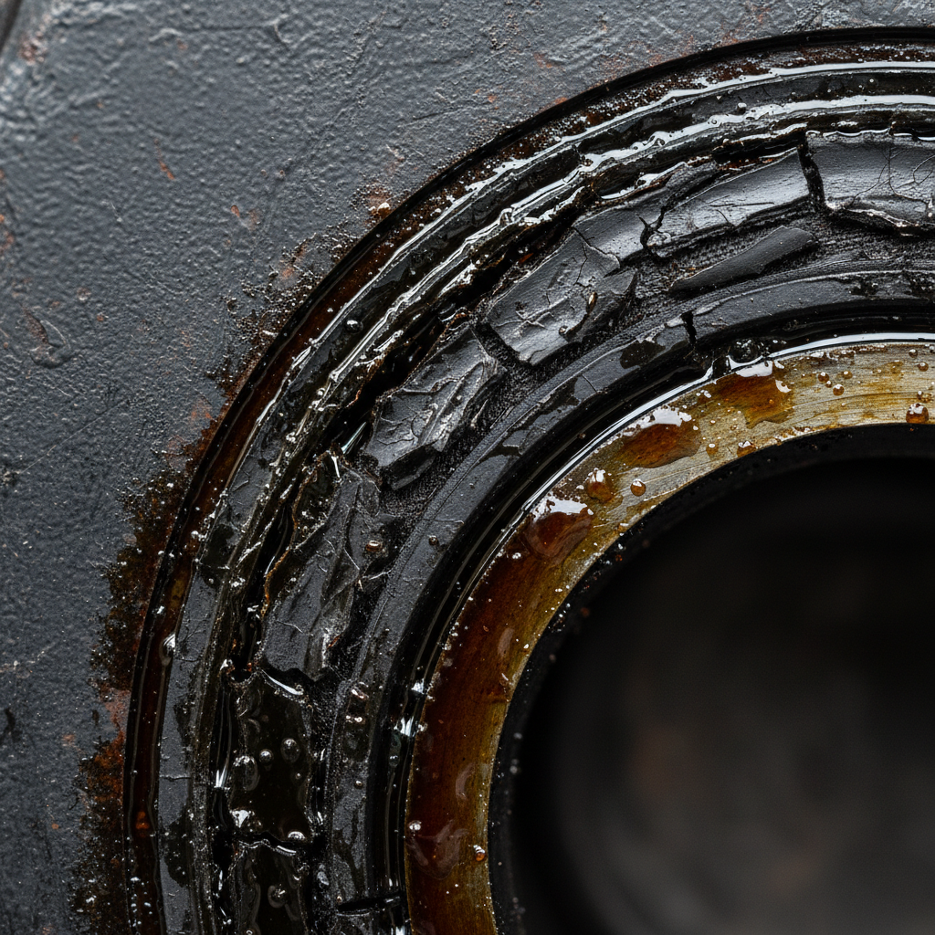 Close-up of cracked rubber gasket with oil residue on dark metal surface