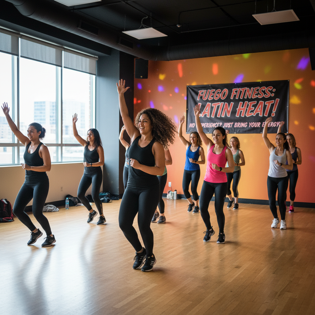 Group aerobics class with instructor leading energetic cardio session in dark gym