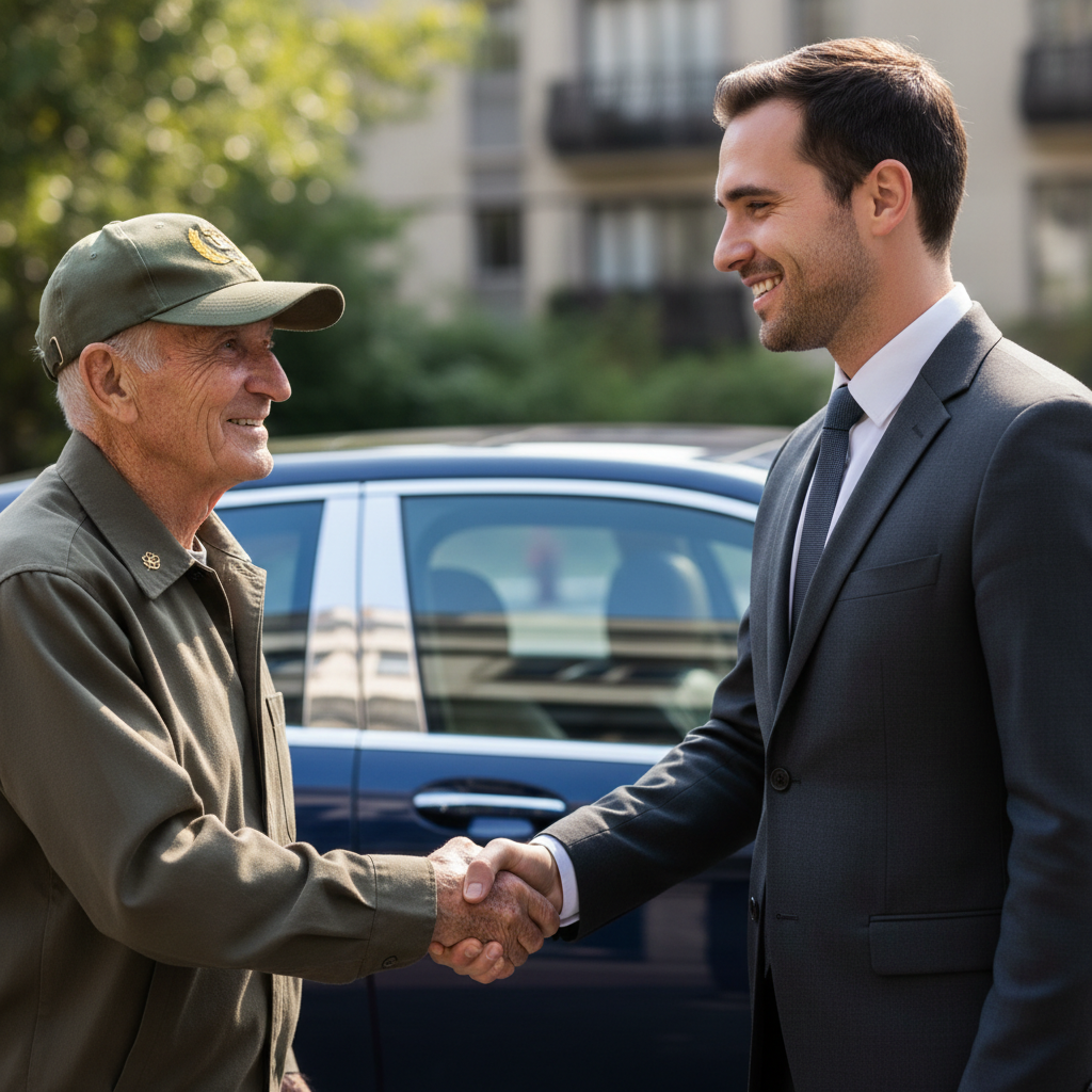 Elderly veteran in military cap being assisted into luxury vehicle by professional chauffeur with American flag visible