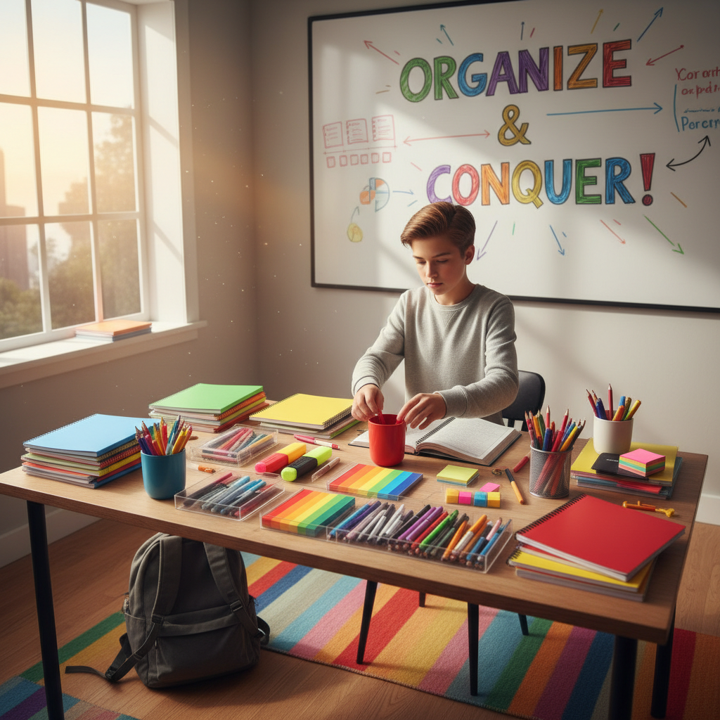 Adolescente concentrado en proyecto creativo con materiales coloridos sobre mesa iluminada en espacio moderno