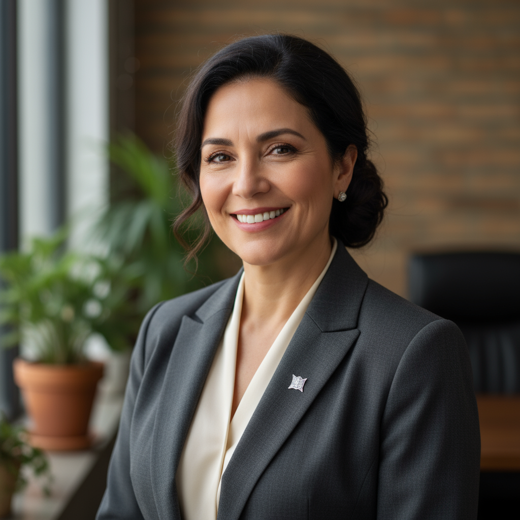 Professional Chilean woman director smiling, elegant portrait, luxury salon background