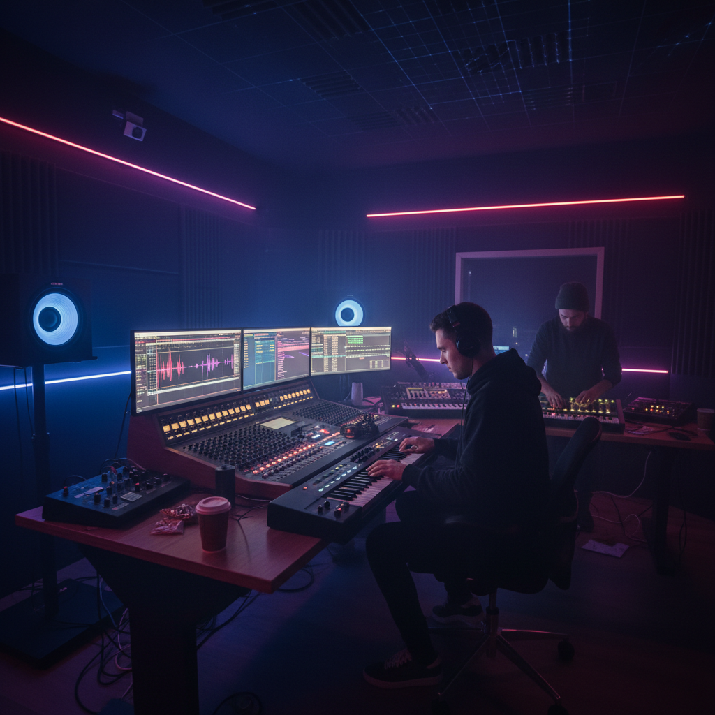 Kova and Rael producers together in a dark studio with neon light accents