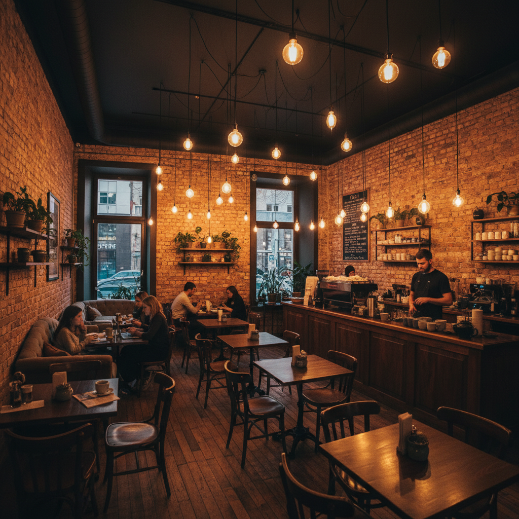 Cozy independent café interior with warm Edison bulb lighting, exposed brick walls, patrons reading at wooden tables