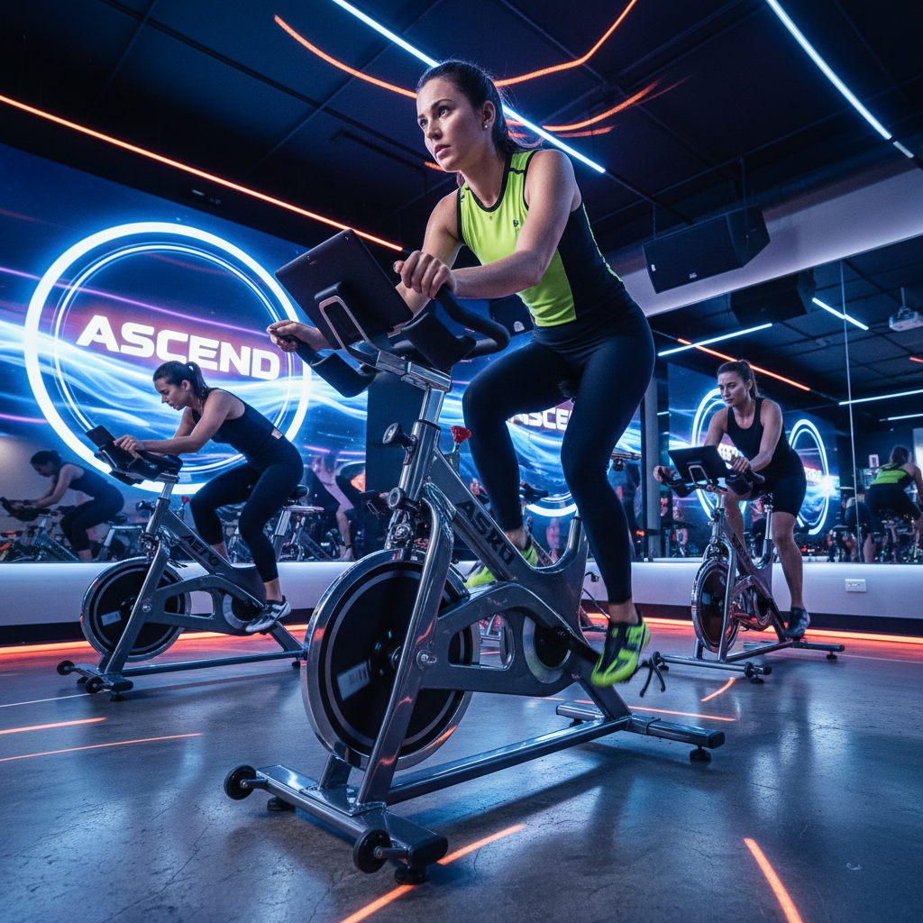 Bike Spinning fitness class at ReeGym, dark gym atmosphere, athletic participants
