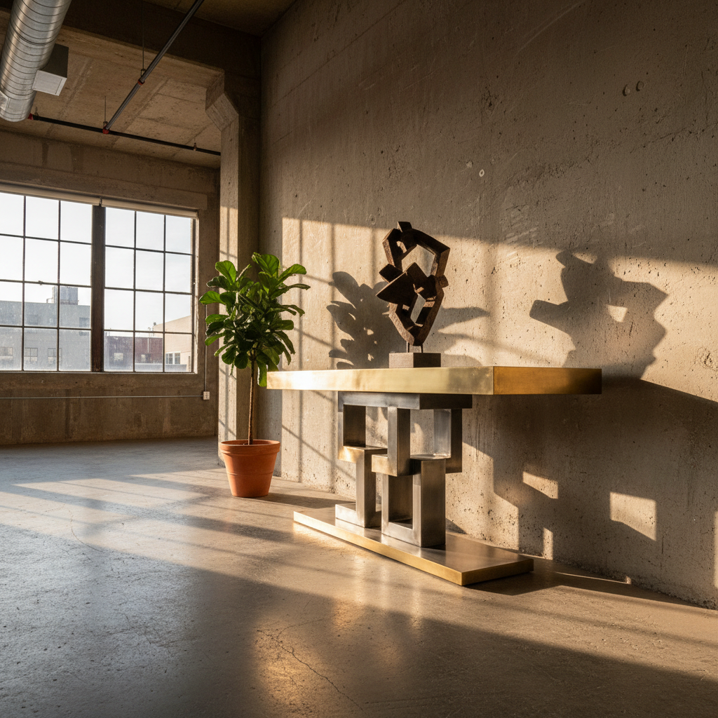 Finished cantilevered console table with brushed satin steel surface photographed in a minimalist concrete interior