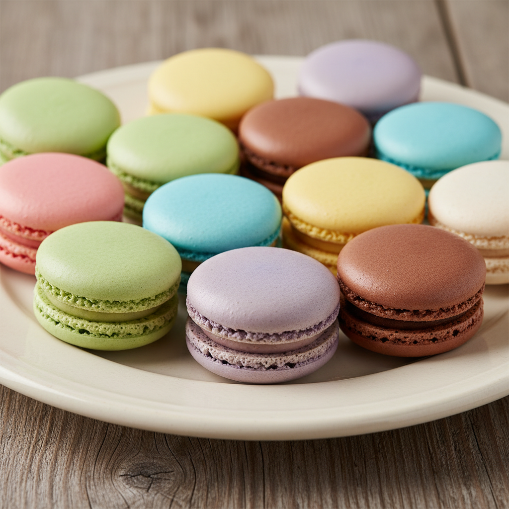 Colorful French macarons in pastel shades stacked on a white ceramic stand in bright studio