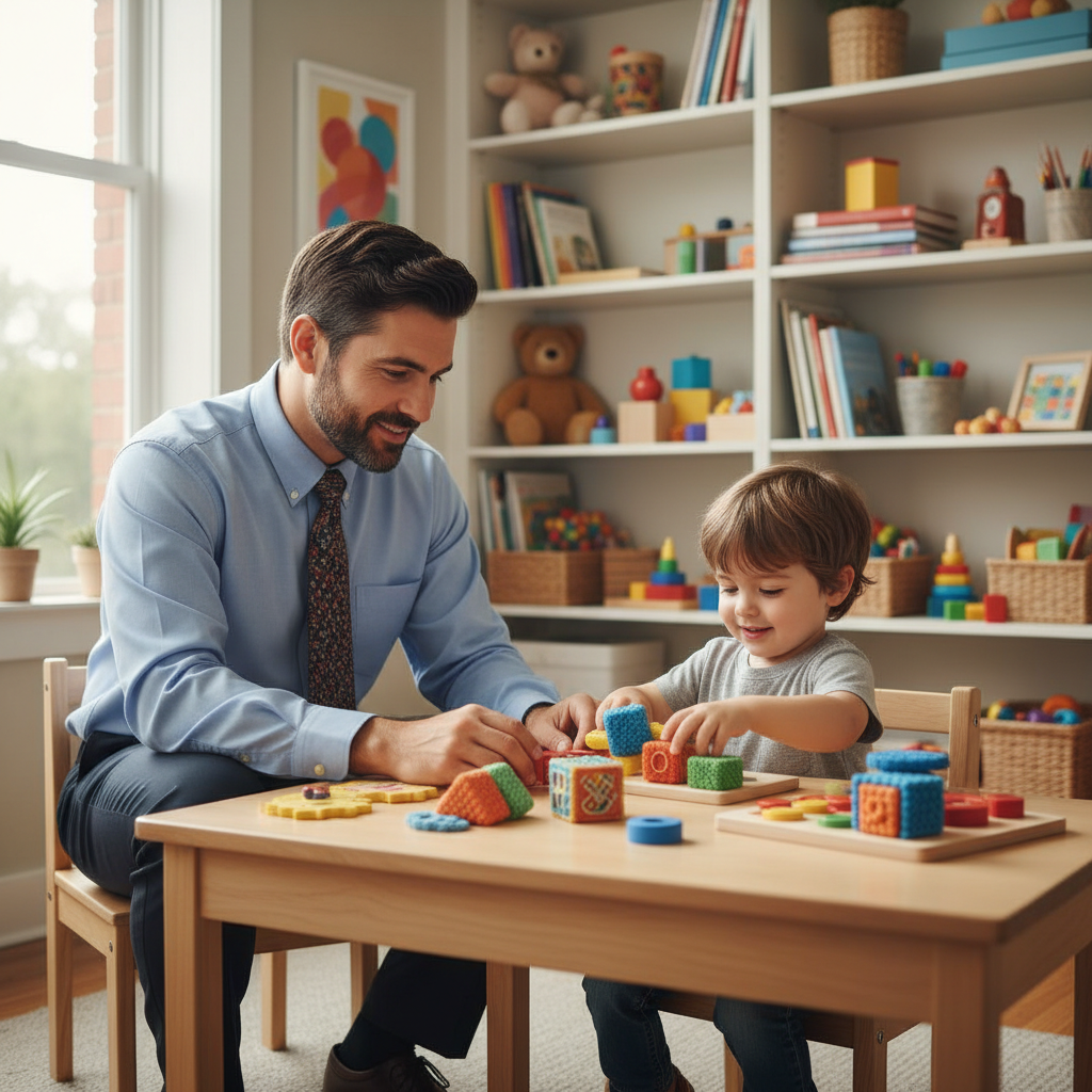 Dr. Emeka Okonkwo, developmental pediatrician, in office with child developmental toys visible