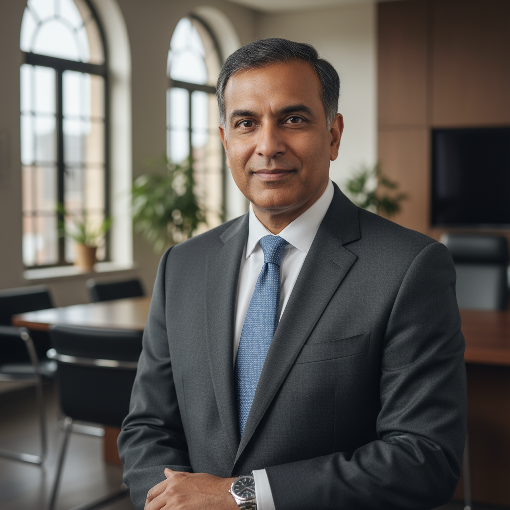 Professional headshot of Indian male founder in his early 40s, office background, confident pose