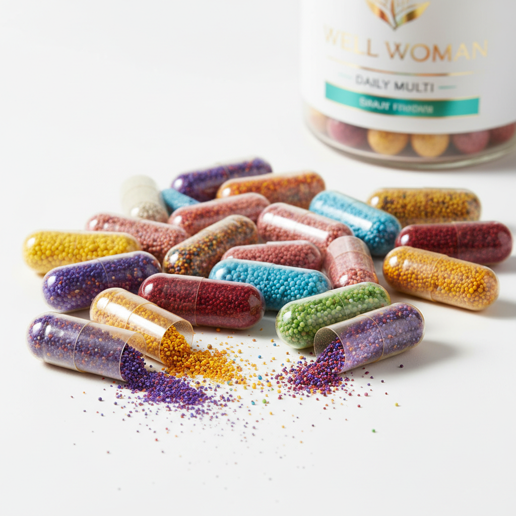 Capsules de vitamines colorées orange et jaune sur fond blanc clair, lumière douce et diffuse