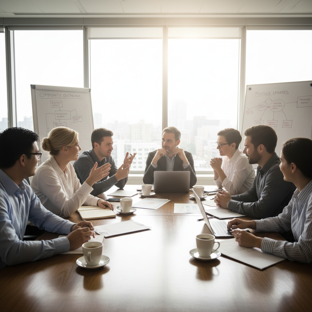Diverse executive team in collaborative strategy session in a bright modern office with natural light and city views