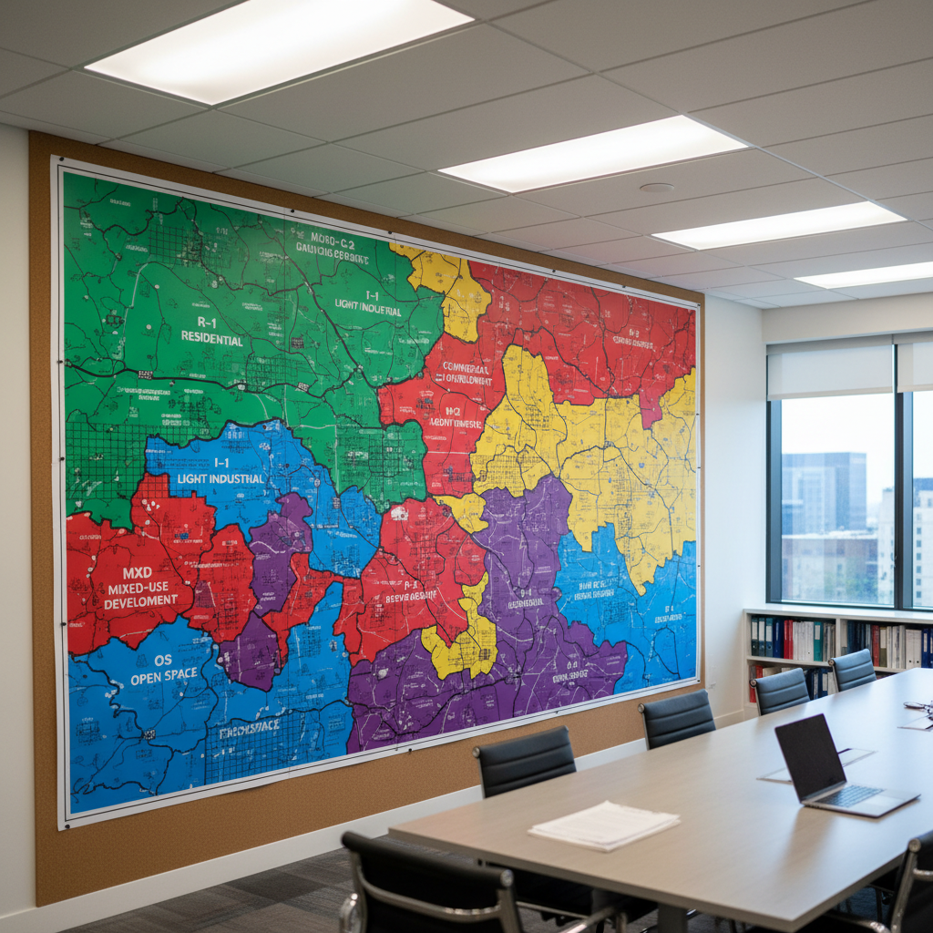 Large colored zoning district map pinned to a wall in a planning office