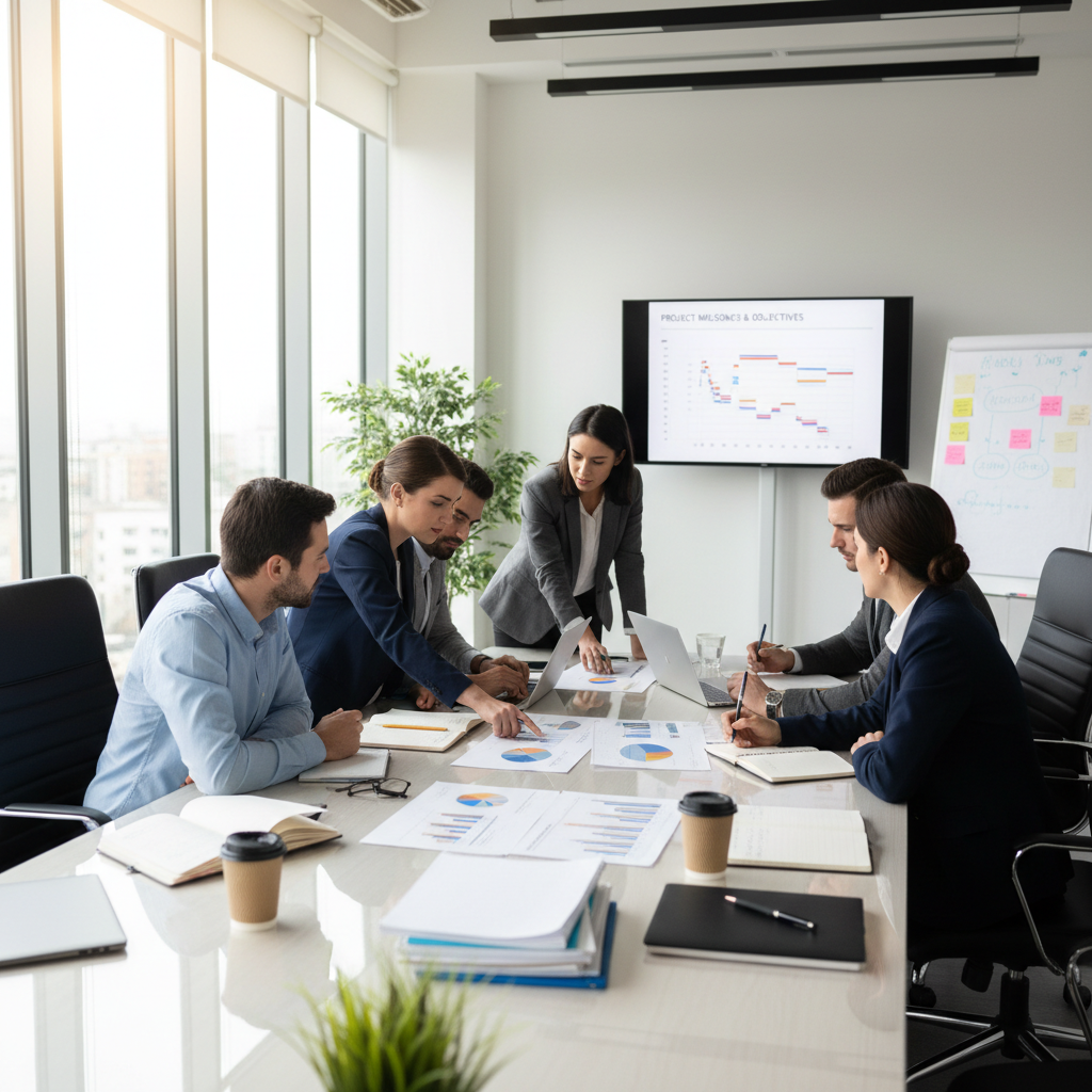 Business team in a modern office discussing technology consulting strategy