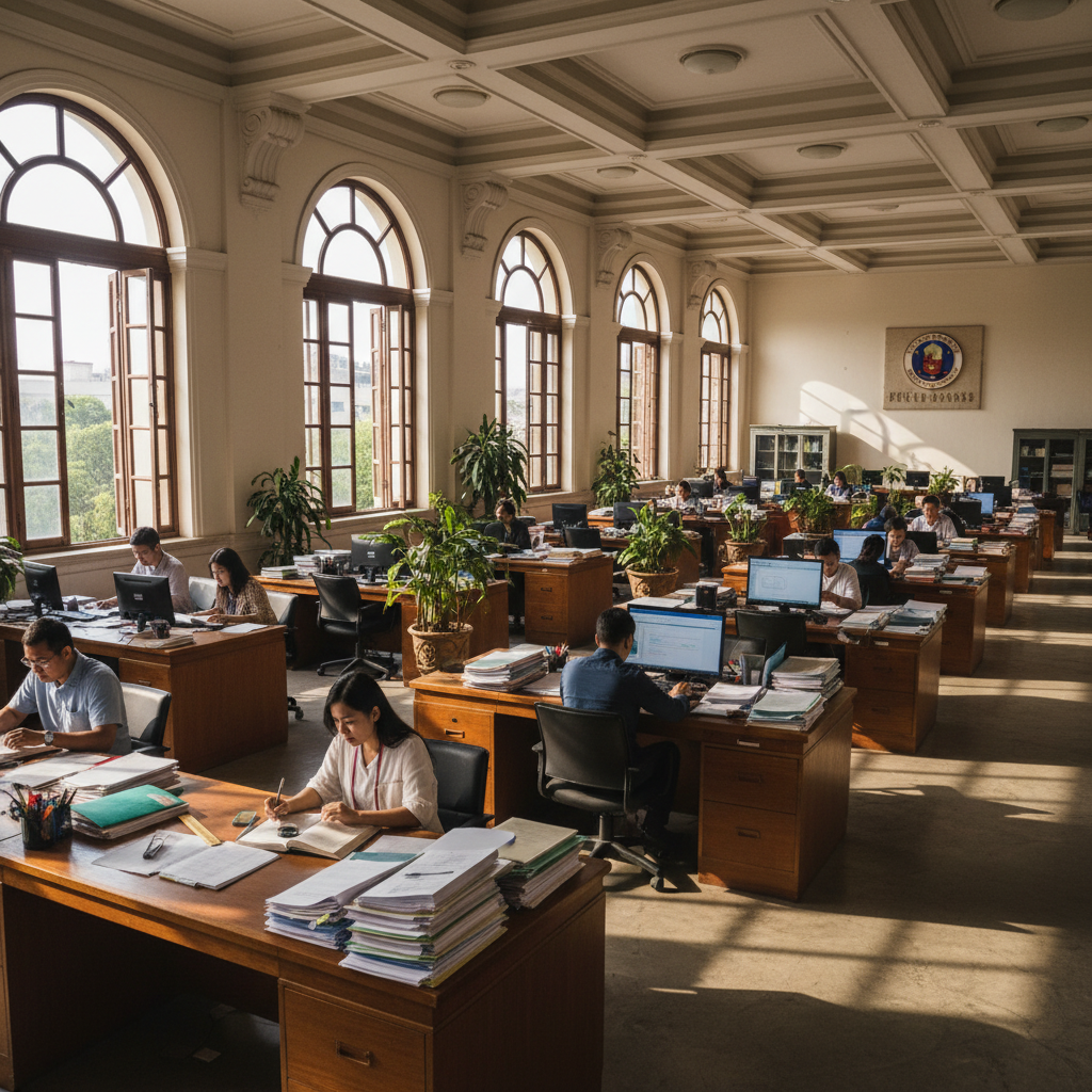 Philippine government office interior, bright fluorescent lighting, official document processing environment