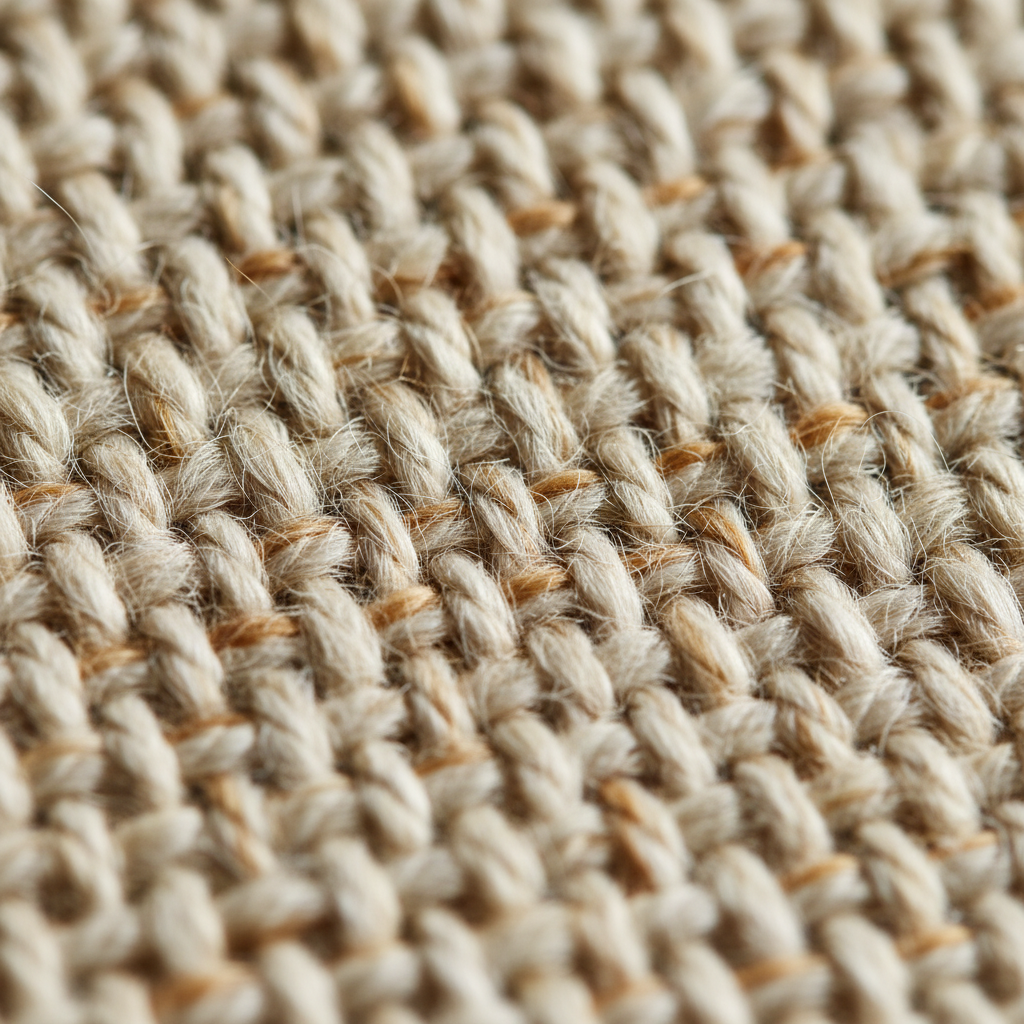 Overhead macro photograph of hand-woven textile showing individual fiber twists under raking light, casting micro-shadows across the weave structure
