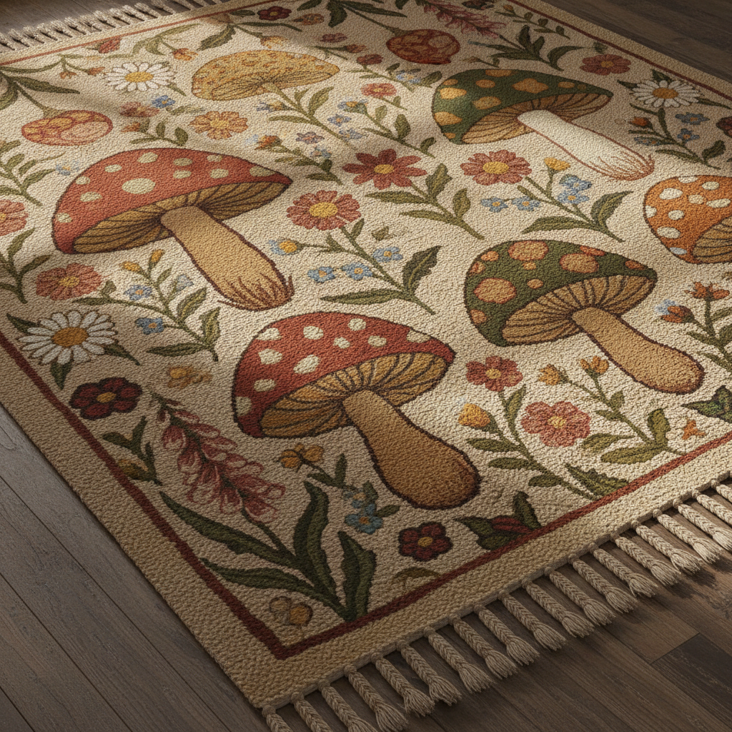 Cottagecore mushroom and floral pattern handmade rug in earthy tones