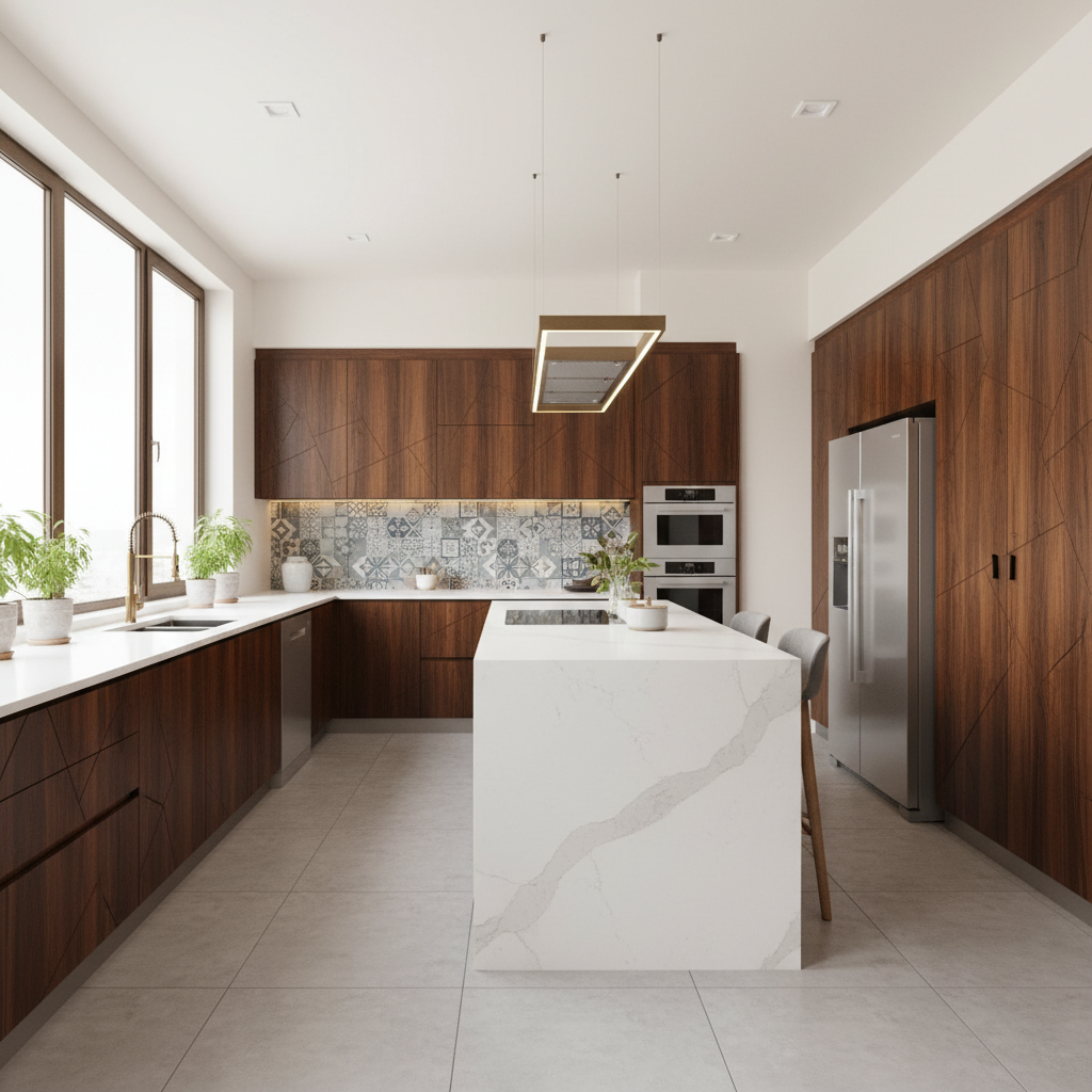 Modern kitchen with precision routed cabinet doors and clean edge profiles in Indian home