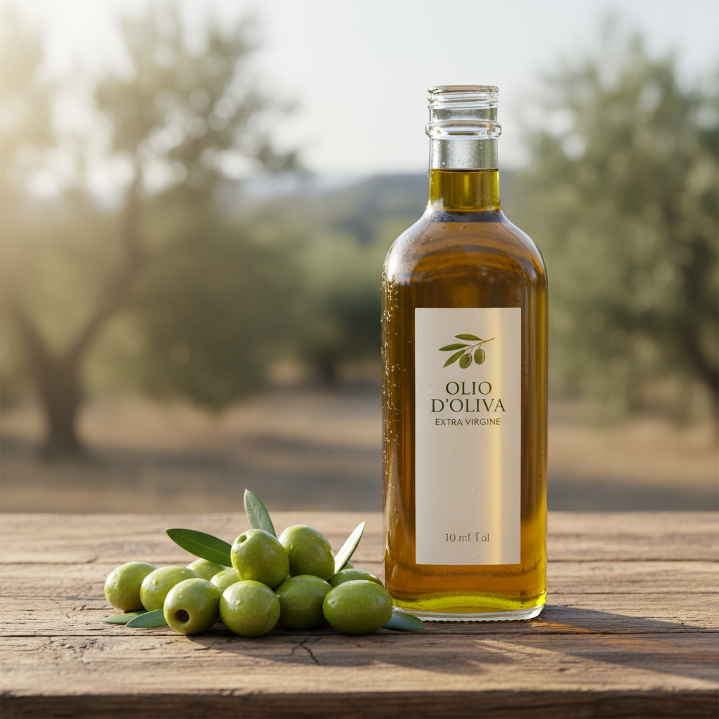 Huile d'olive versée dans un bol en verre avec olives fraîches vertes autour, lumière naturelle