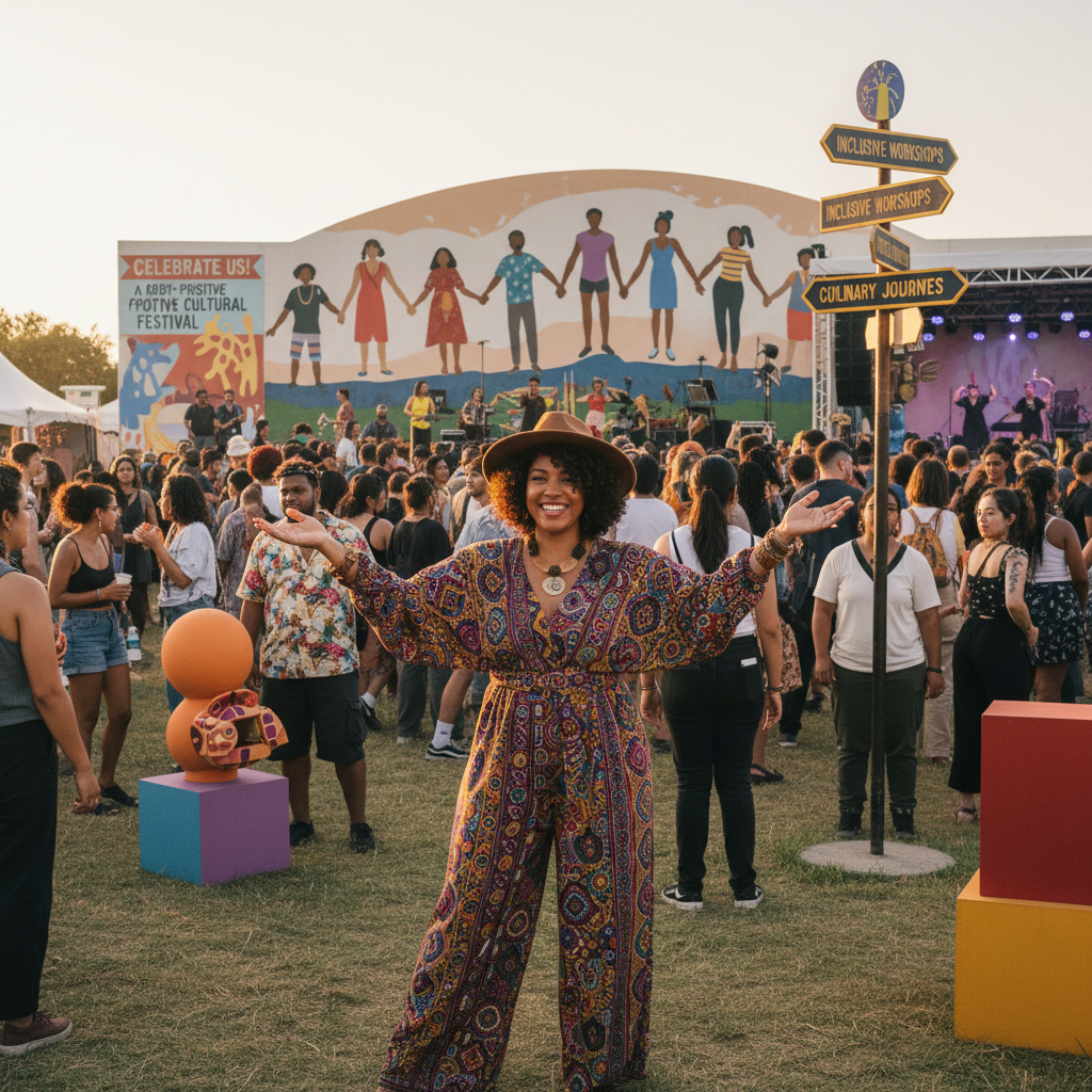 Joyful Caribbean woman laughing in colorful traditional dress at outdoor cultural event