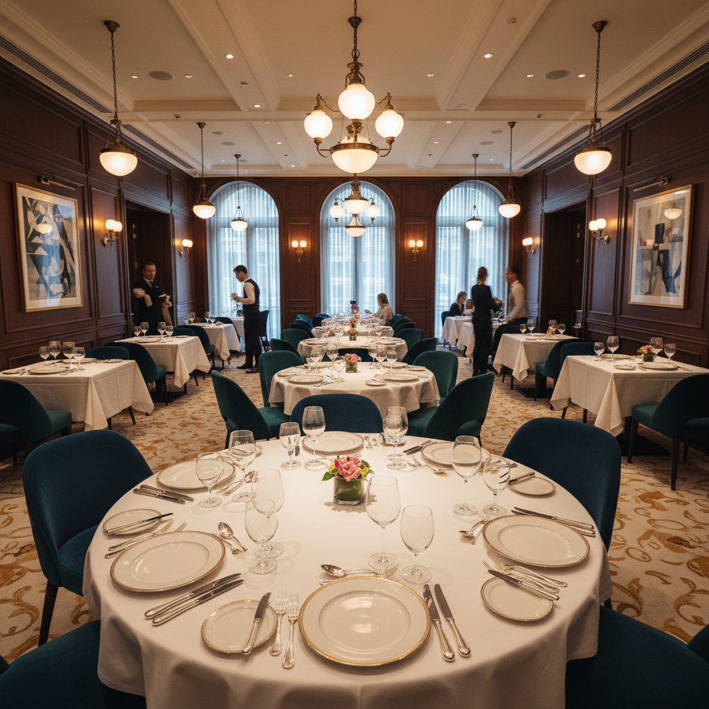 Modern restaurant website displayed in browser, warm interior lighting, elegant table setting, dark atmospheric ambiance