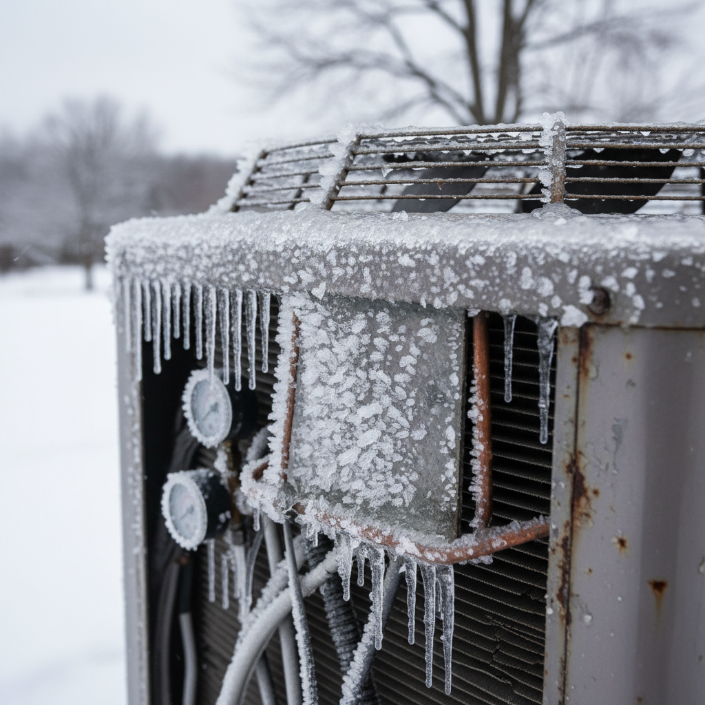 HVAC unit with frost damage and ice formation requiring restoration services