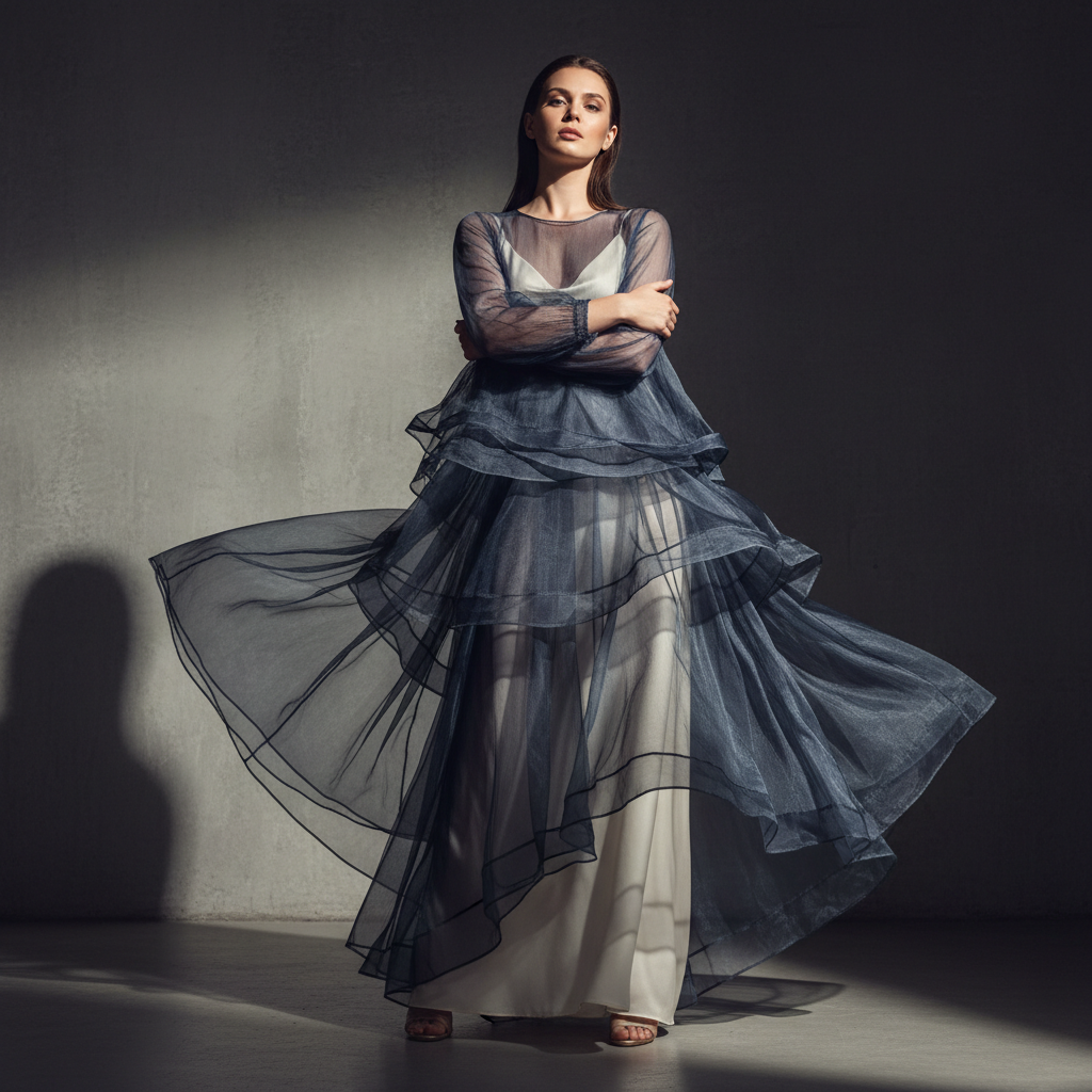 Woman in elegant silk slip dress, evening fashion editorial, dramatic warm lighting, sophisticated style