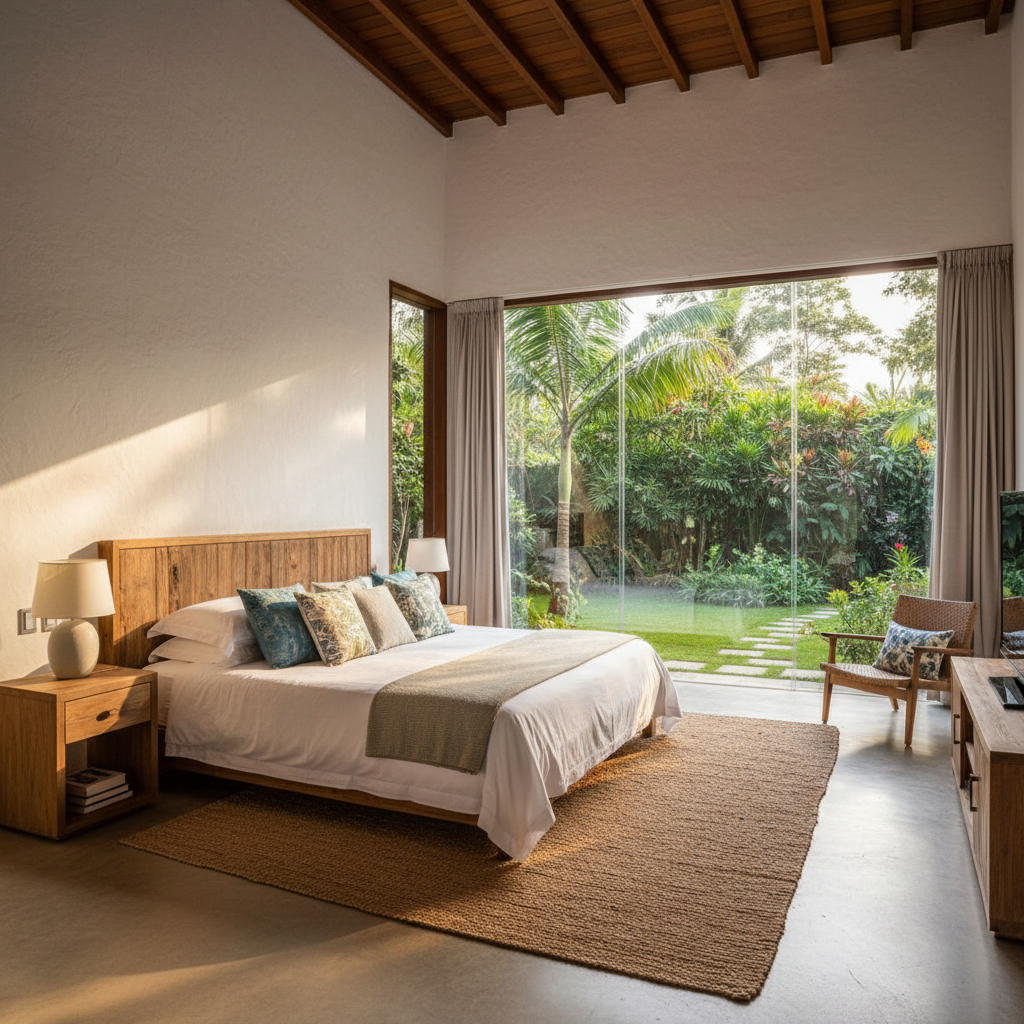 Habitación principal con cama king size y ventanas panorámicas al jardín tropical