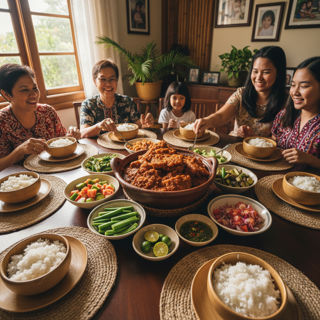 Simple Filipino budget meal with rice, sardines, and vegetables on modest dining table, warm natural light