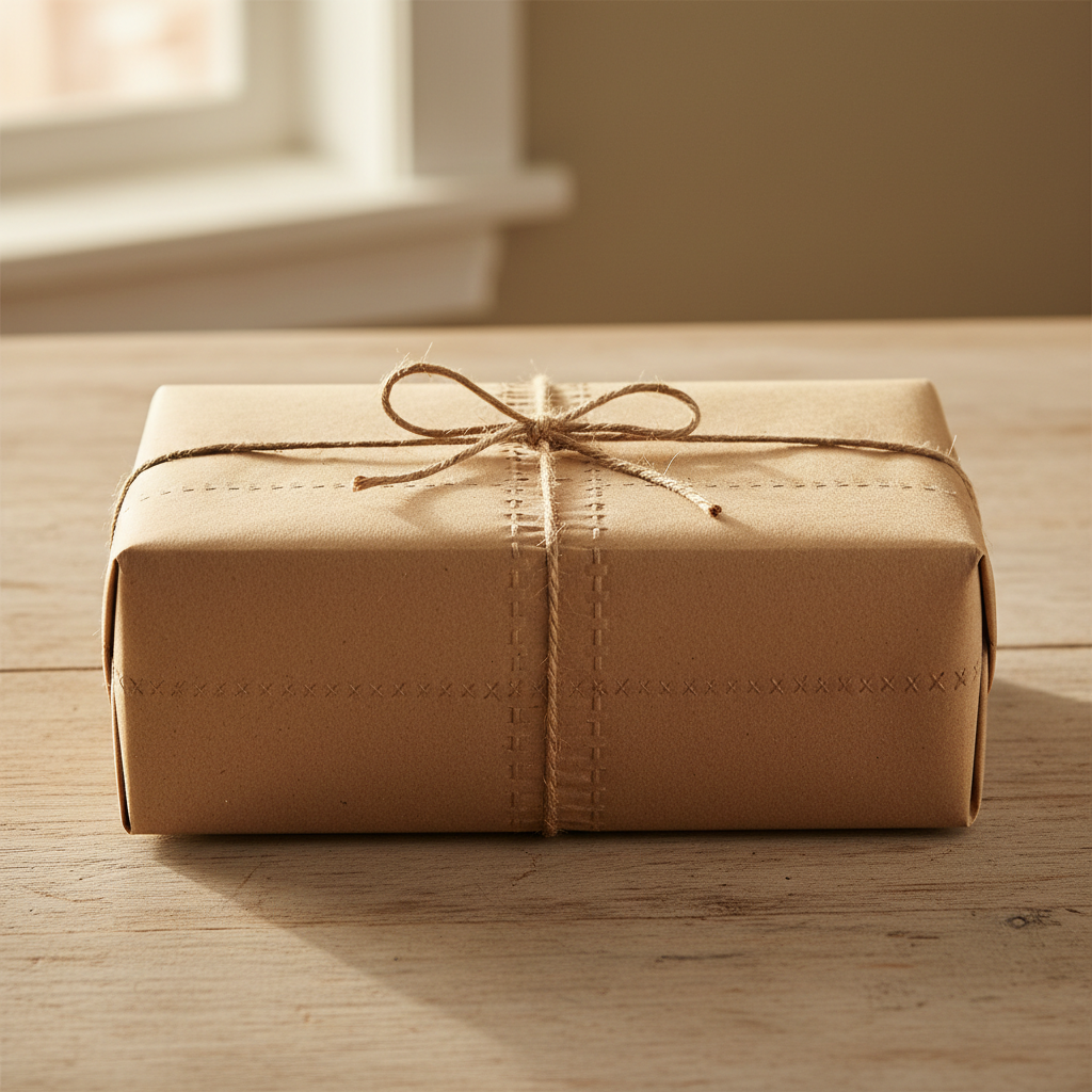 Stitch box packed in butcher paper with twine bow on kitchen table