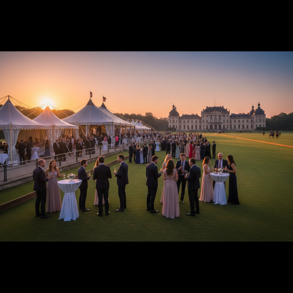 Vast palace polo lawn at sunset with white marquee tents, fairy lights, guests in formal attire, palace silhouette in background