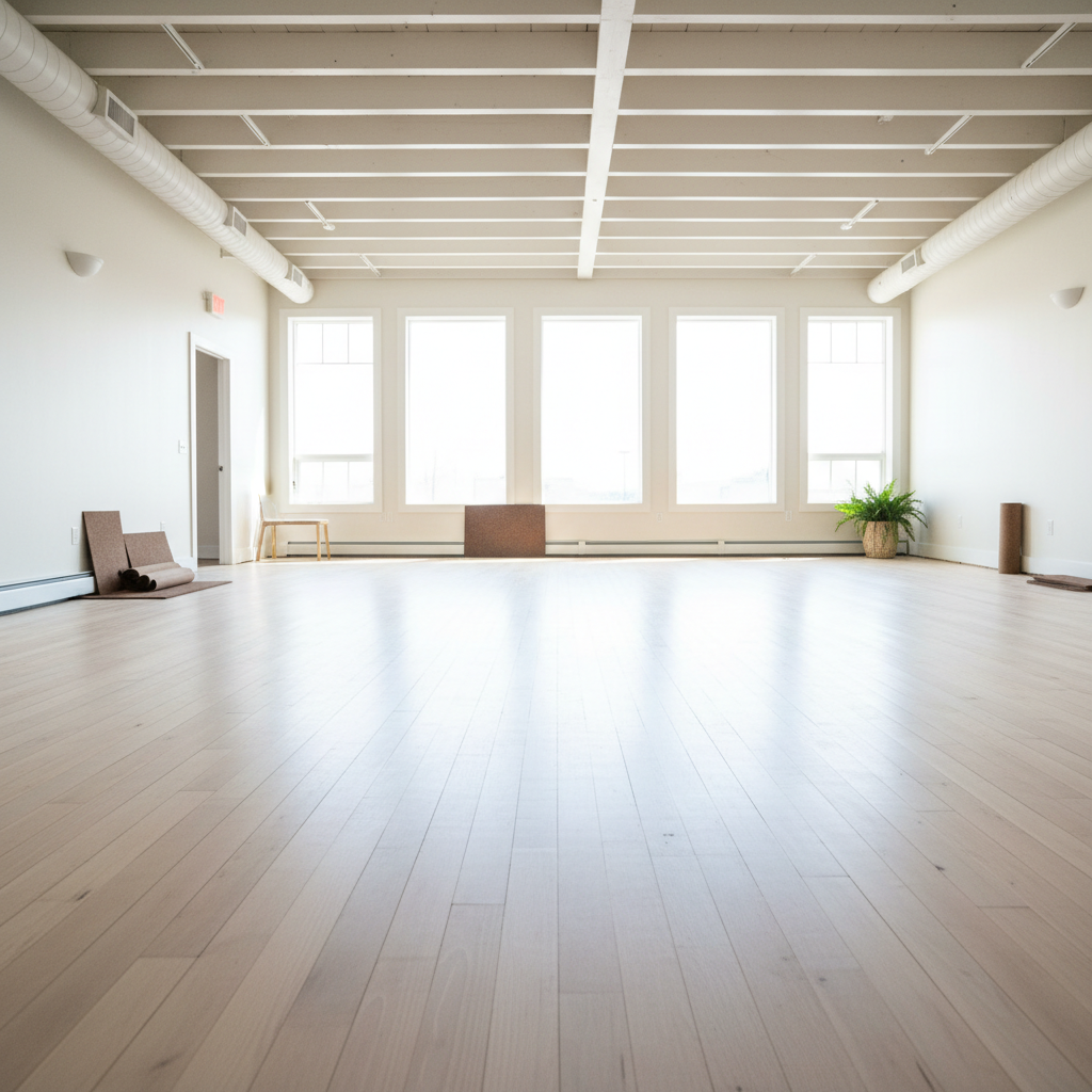 Serene yoga studio with natural light streaming through large windows onto wooden floor