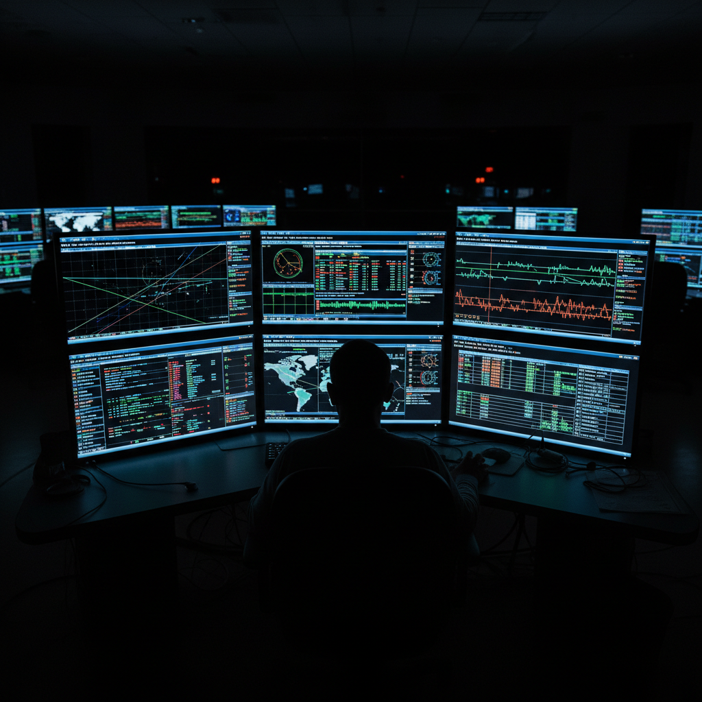 Vintage space mission control room, dim amber lighting, banks of monitors, shadowed operators, dark atmospheric