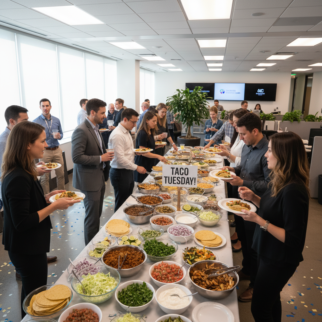 Corporate office party with taco catering spread and employees gathered around food