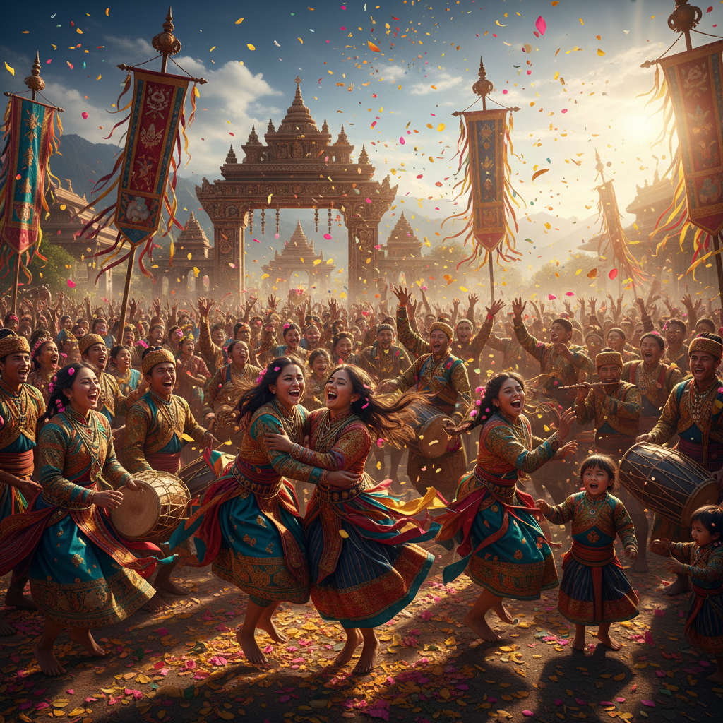 Group of participants mid-celebration during a seasonal ceremony