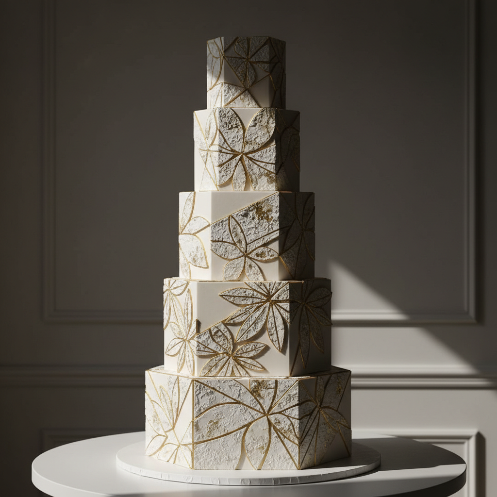 Tall sculptural white wedding cake with intricate sugar flower decorations and gold leaf accents on a marble pedestal