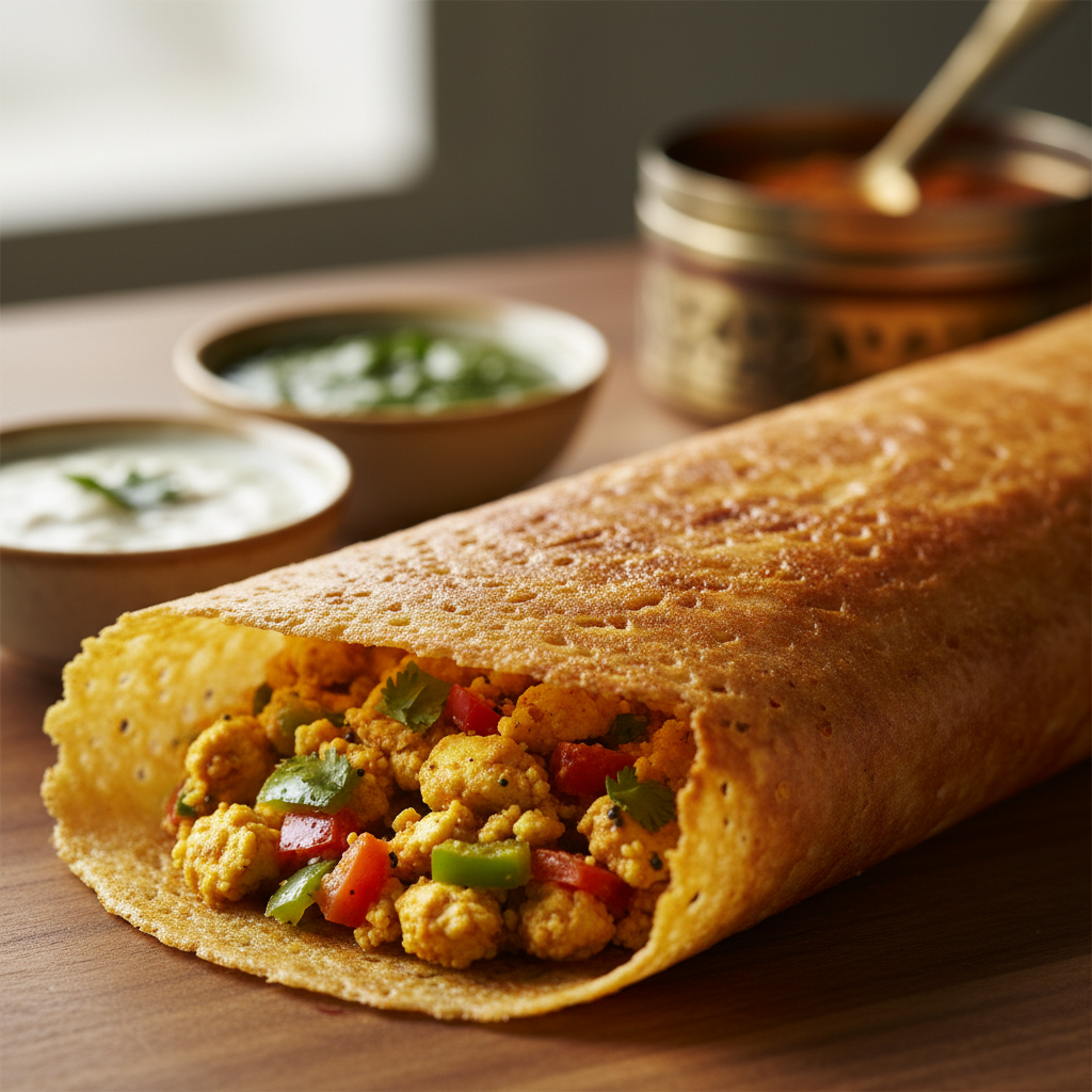 Paneer Masala Dosa — Dosa with paneer masala filling, Indian café food photography with warm colours and appetising presentation