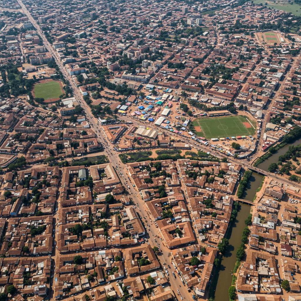 Vue aérienne de la ville de Divo avec ses bâtiments et rues animées