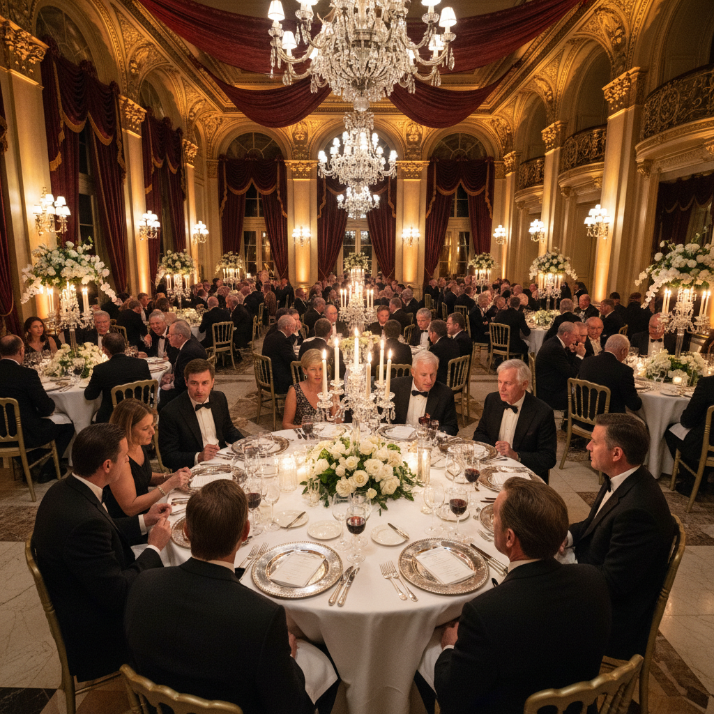 Corporate gala dinner with elegant table settings, soft lighting, and multiple courses on white linen
