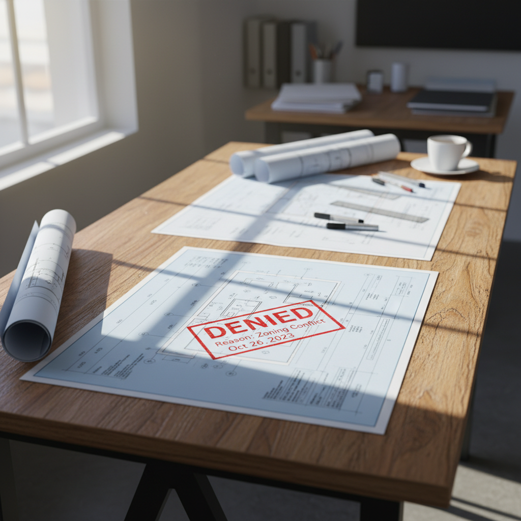 Architectural blueprints and site plan documents spread on a table with a red denial stamp visible