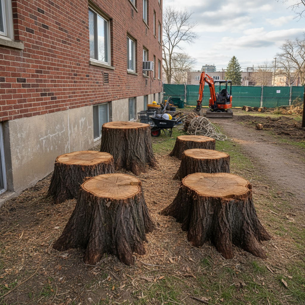 Multiple tree stumps in a Queens co-op courtyard next to building foundation requiring compact equipment access